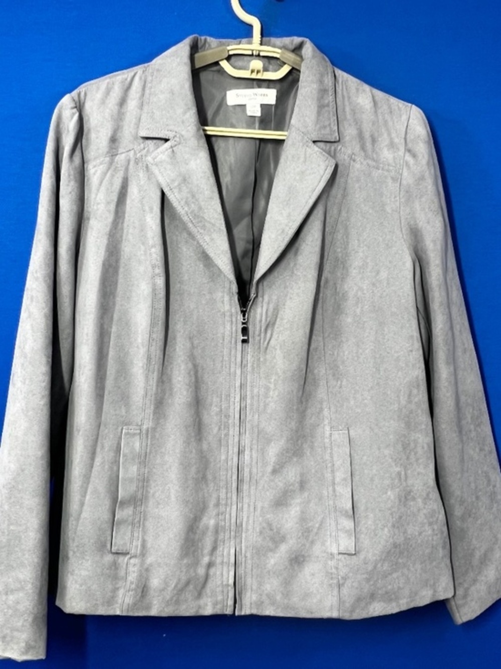 Like New |•STUDIO WORKS•| Grey Zio Print Faux Suede Blazer Jacket Size 12 Petite